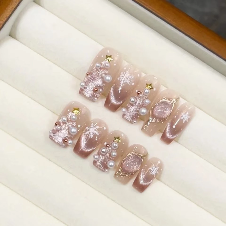 （圣诞初雪）猫眼晶石穿戴甲指甲用品贴片美甲片成品感轻奢假指甲