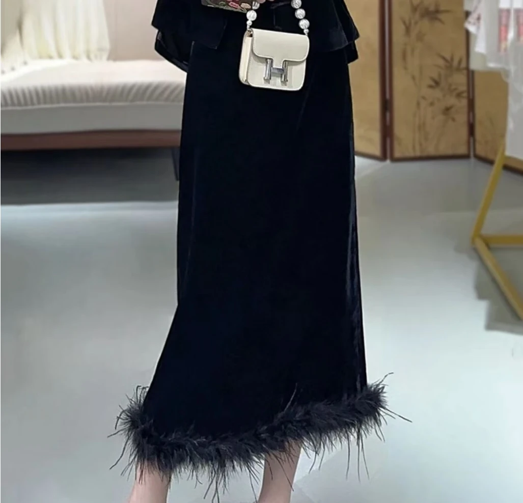 新中式国风女装入秋穿搭丝绒气质半身裙2024C6663香雪