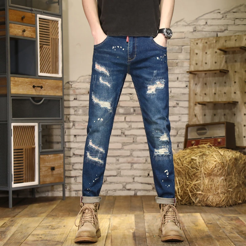 四季款破洞补丁蓝色弹力牛仔裤男士牛仔修身小脚裤弹力休闲裤K37
