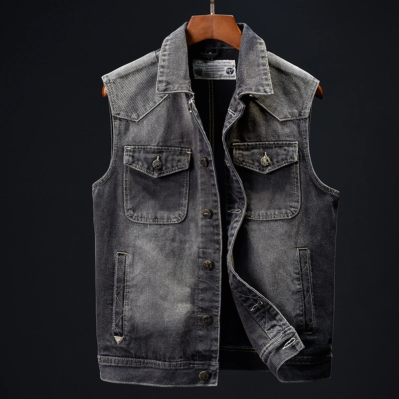 秋季新款复古重工潮牌牛仔马甲男士个性水洗修身背心无袖坎肩外套