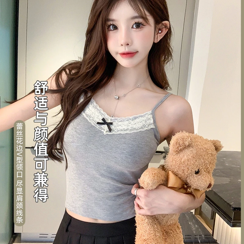 纯欲内搭短款吊带背心女式法式蝴蝶结外穿带胸垫无袖甜辣妹