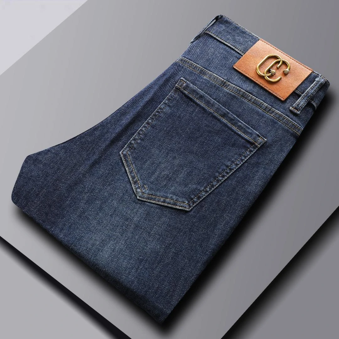 夏季薄款蓝色2024新款牛仔裤男高端修身小脚休闲弹力直筒男士裤子