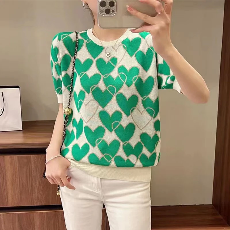 爱心欧洲站冰丝短袖夏季韩系圆领时尚洋气针织宽松T恤上衣毛衣ins