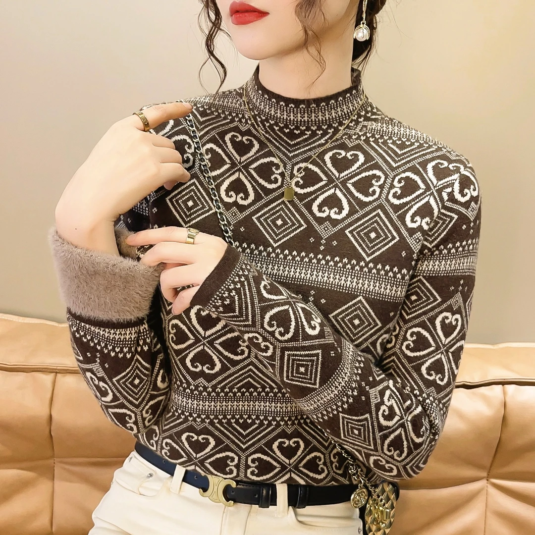 一体绒桃心半高领时尚洋气打底加厚加绒针织秋冬2023冬季新款毛衣