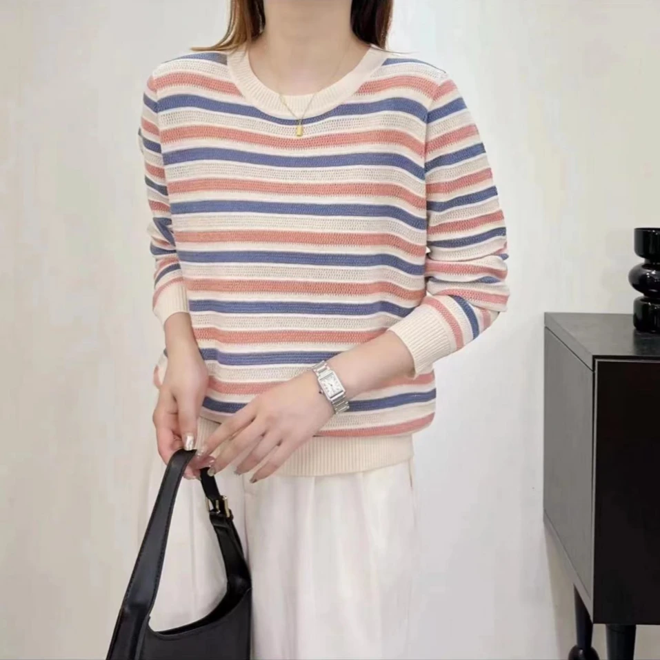 彩虹条长袖圆领冰丝秋季韩系时尚洋气针织宽松显瘦T恤百搭上衣