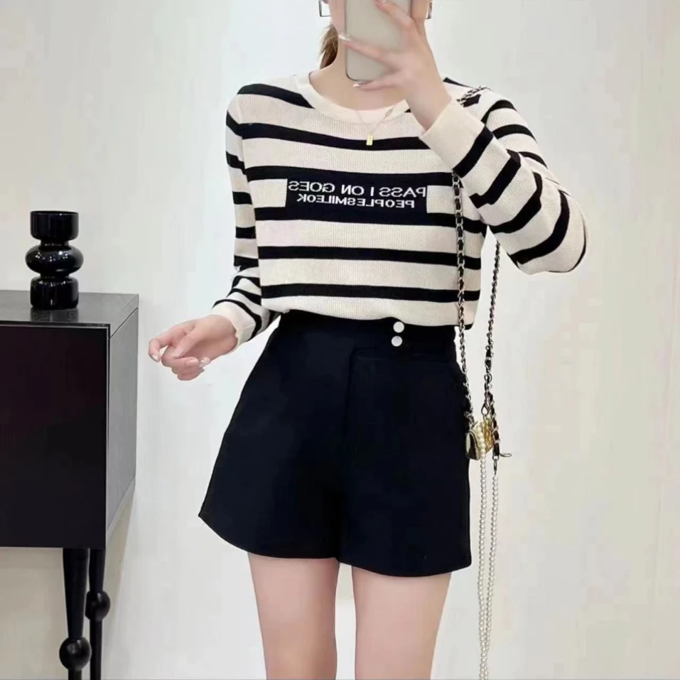 条纹长袖镂空字母提花显瘦圆领新款冰丝夏季洋气针织宽松T恤上衣