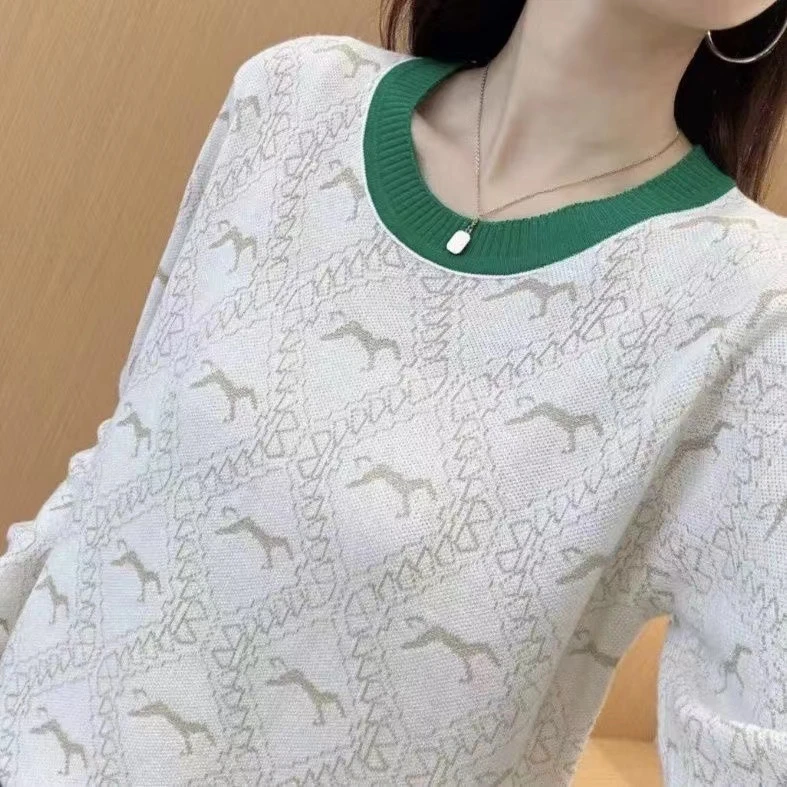 马到成功提花长袖韩系圆领时尚气质洋气针织套头显瘦宽松上衣毛衣