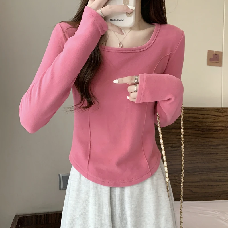 树莓色显瘦打底衫鱼骨长袖t恤女装秋冬德绒保暖内搭短款弧形上衣
