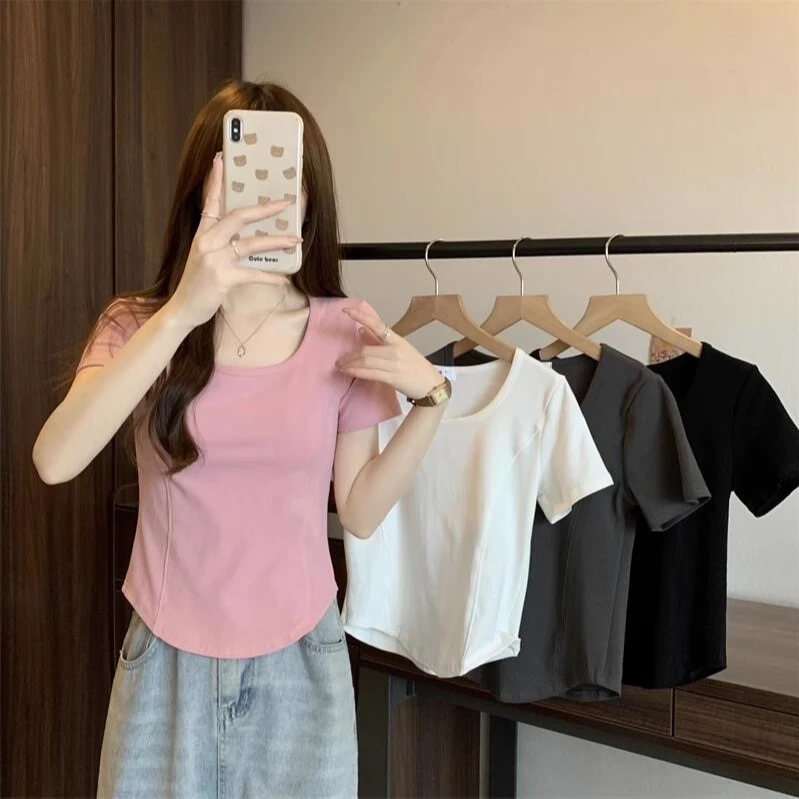 粉色方领锁骨正肩短袖t恤女夏新款设计感修身小个子短款鱼骨上衣