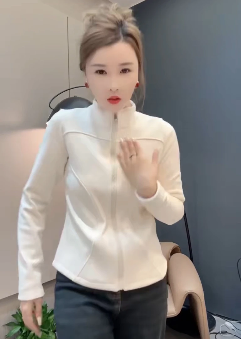 立领长袖拉链加绒运动外套短款修身休闲上衣瑜伽服