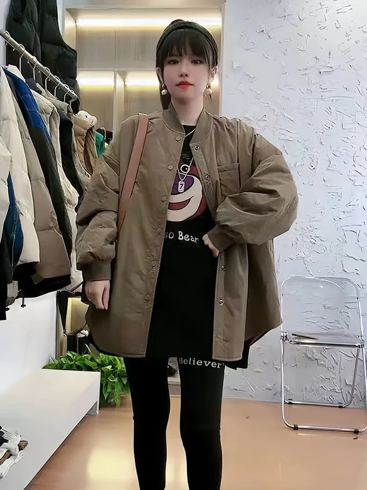 现货棉服女大码夹棉衬衫款外套秋冬季宽松遮肉2024新款欧货棒球领