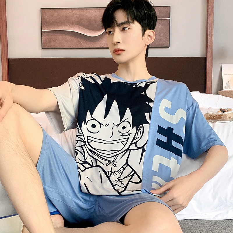 莫代尔睡衣男士夏季短袖青少年卡通宽松简约春秋款外穿家居服套装