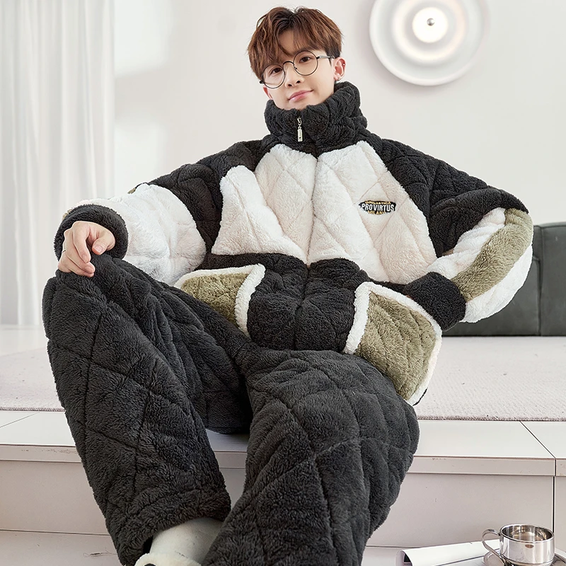 睡衣男士冬季卡通保暖加厚三层夹棉珊瑚绒2024新款青少年睡衣套装