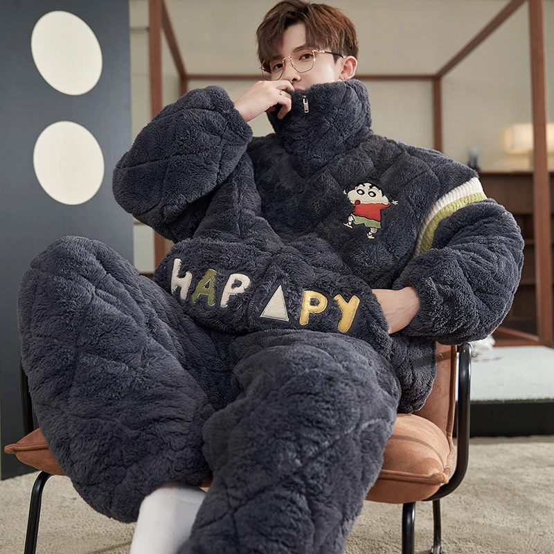 2024新款睡衣男冬季加厚三层夹棉保暖珊瑚绒青少年卡通家居服套装