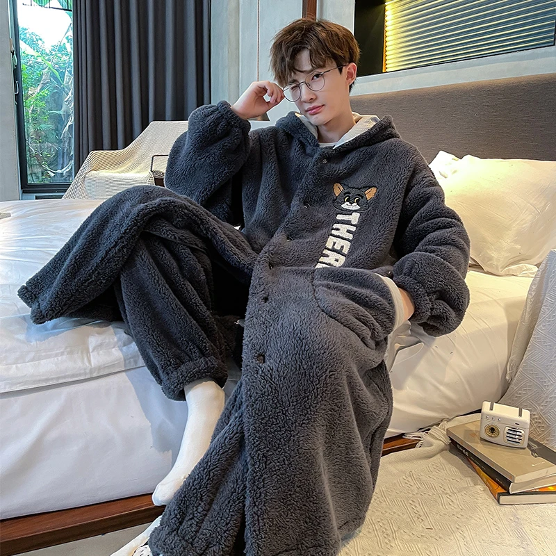 男士连帽秋冬款珊瑚绒睡袍套装加厚保暖学生青年冬季家居服可外穿