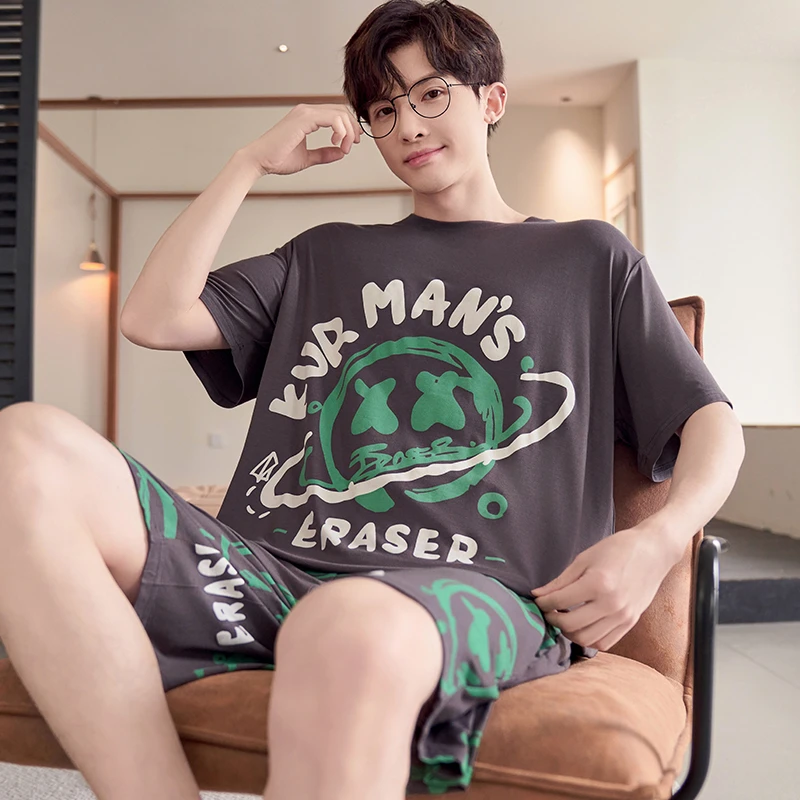 莫代尔男士睡衣夏季薄款短袖青少年卡通休闲夏天男款可外穿家居服