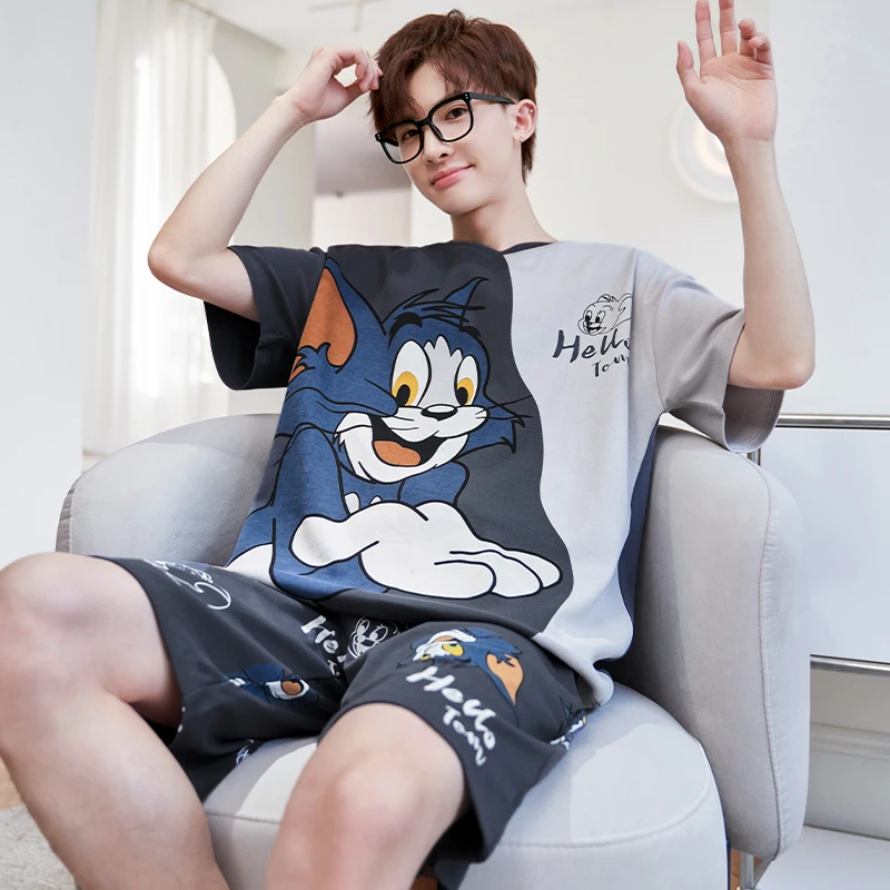 男士睡衣夏季纯棉短袖薄款卡通动漫青少年中大童可外穿家居服套装