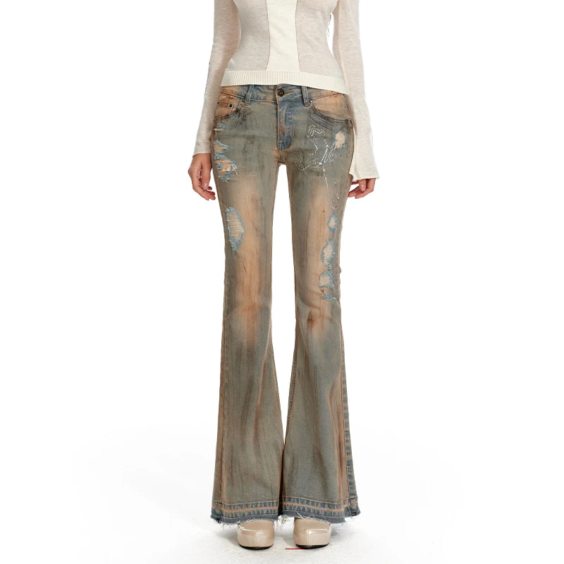 【alin专属】4muggle原创设计破洞微喇牛仔裤做旧辣妹修身显瘦微弹