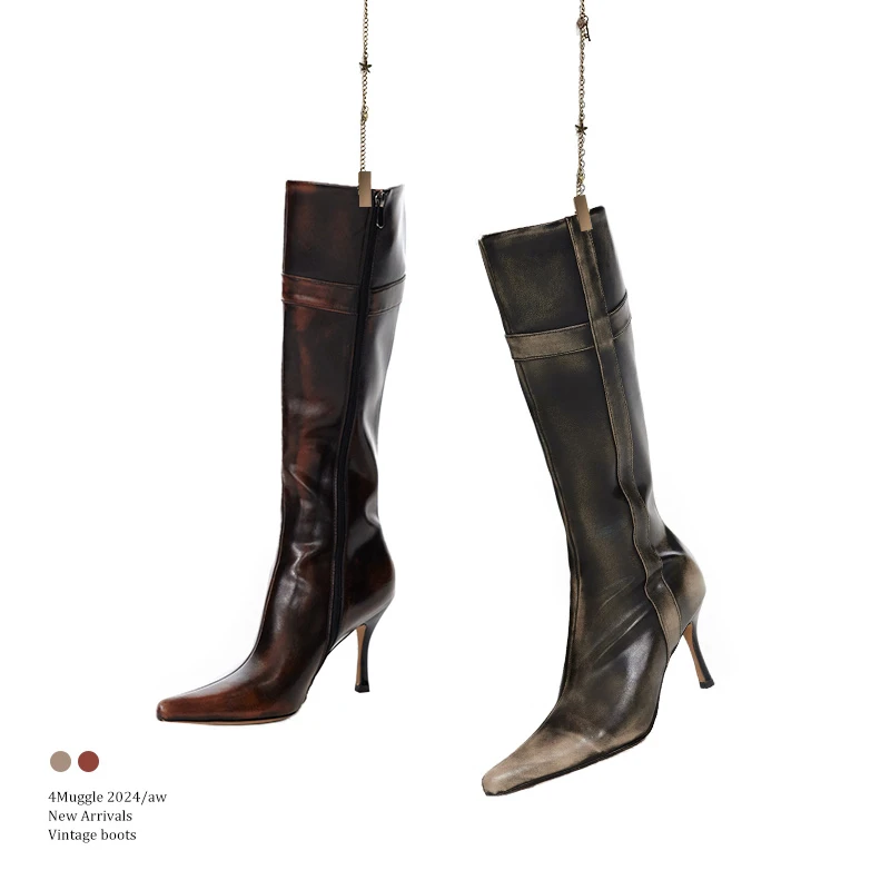 【宣美同款】4muggle原创设计十字架复古擦色直筒骑士靴长筒靴子女
