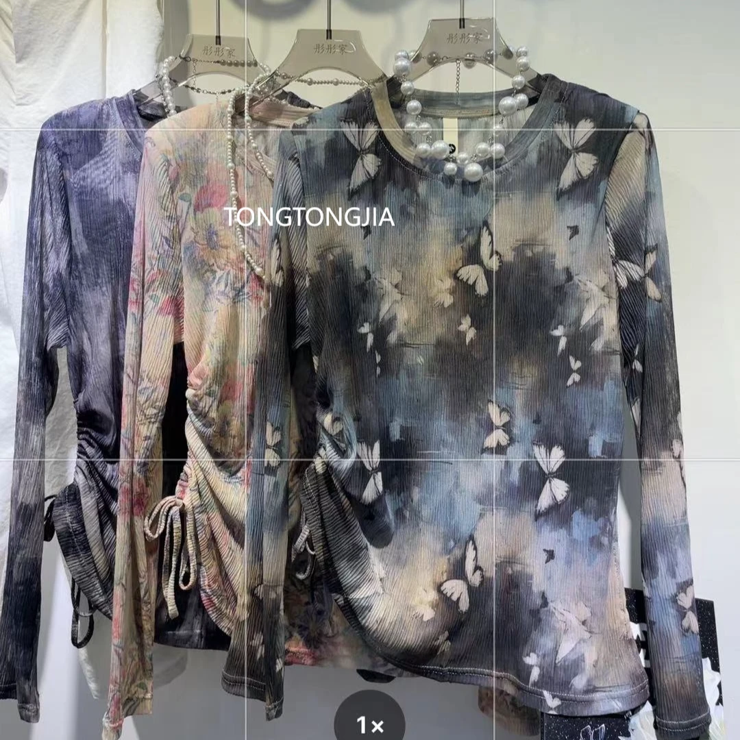 【TONGTONGJIA】#夏季侧边抽绳收腰夏薄微透感防晒晕染水墨长袖T恤