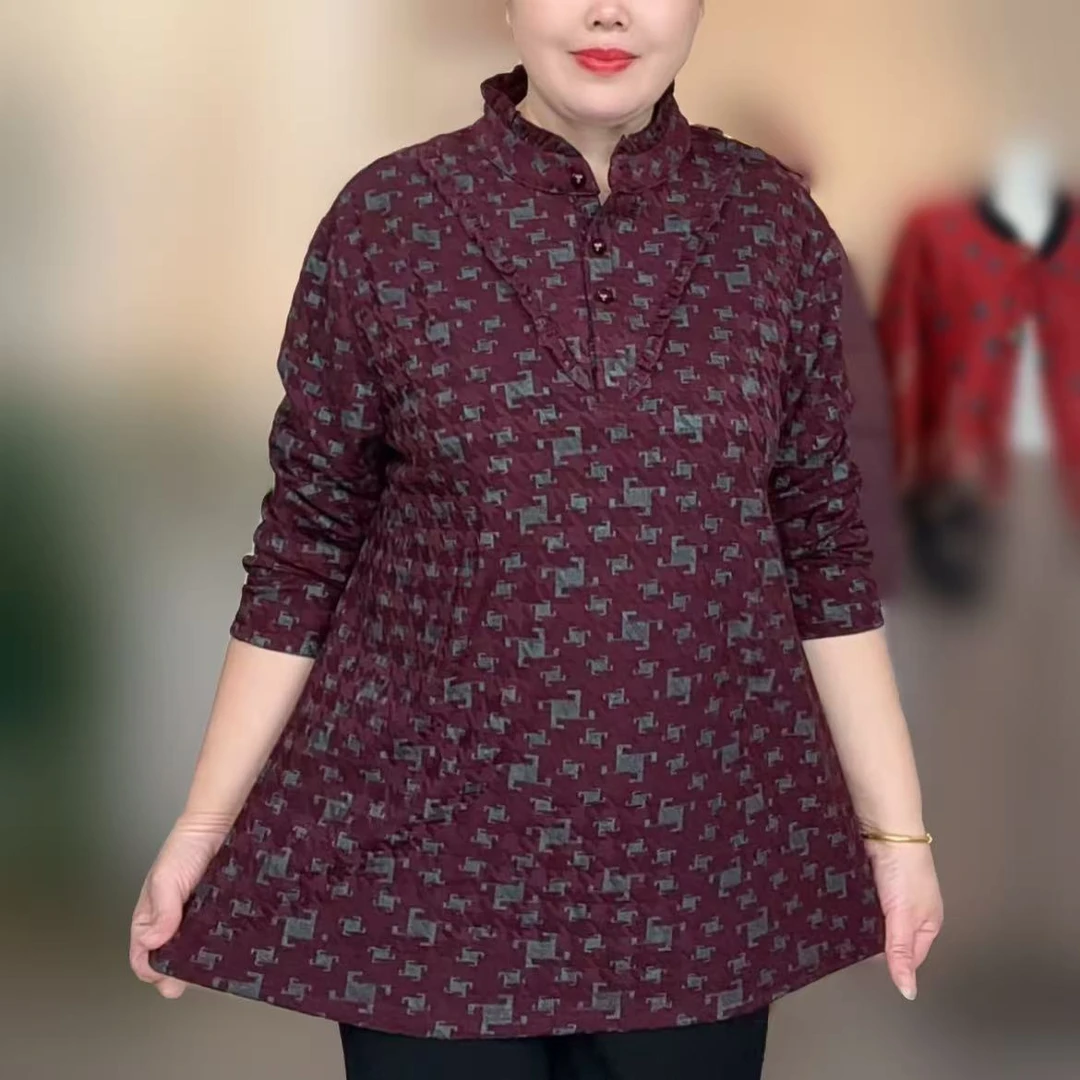 秋冬大码时尚气质加绒小衫中老年女立领花边领长袖保暖宽松印花衣