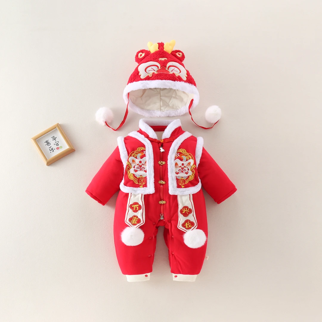 婴儿连体衣连体服秋冬龙年周岁抓周礼服男女宝宝新年套装喜庆衣服
