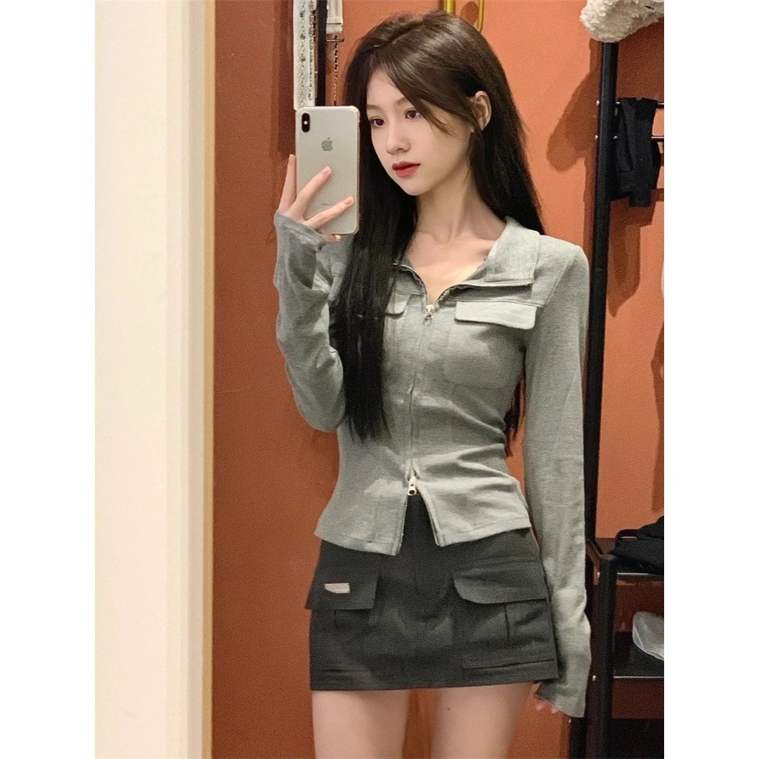 灰色polo领正肩长袖T恤上衣纯色内搭气质双拉链设计感小众女初秋