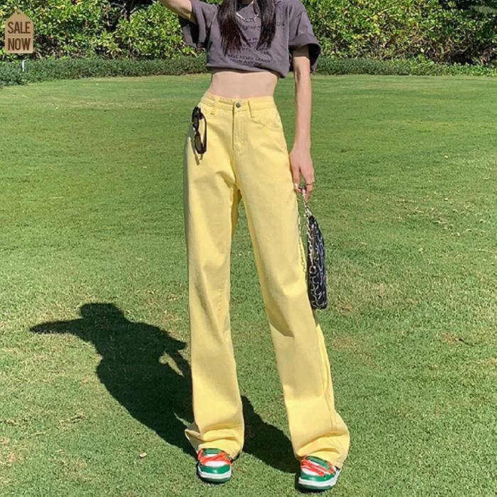 阔腿裤女高腰垂感2023年新款春夏显瘦直筒牛仔裤美式高街彩色裤子