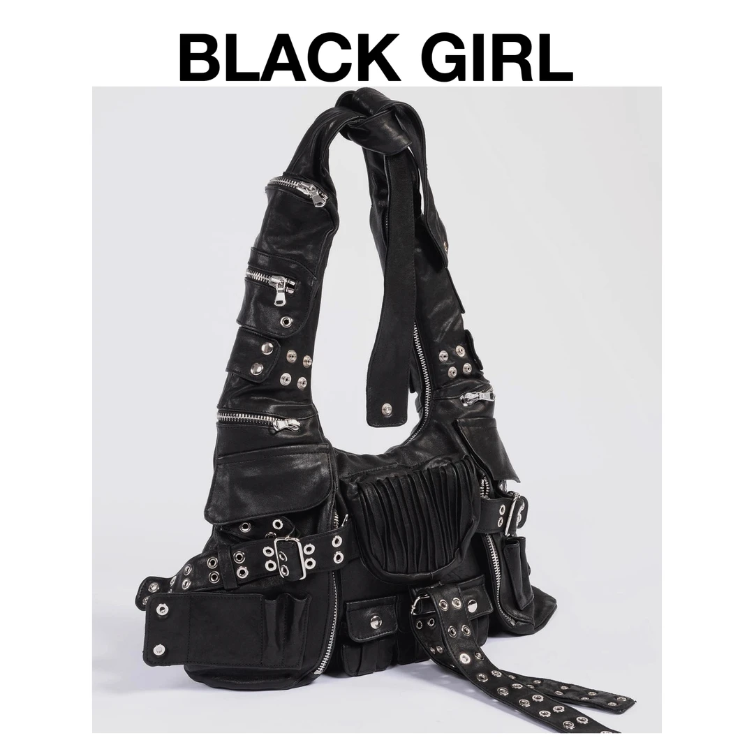 Blackgirl新款【金属朋克】铆钉时尚百搭暗黑多口袋邮差单肩斜挎包