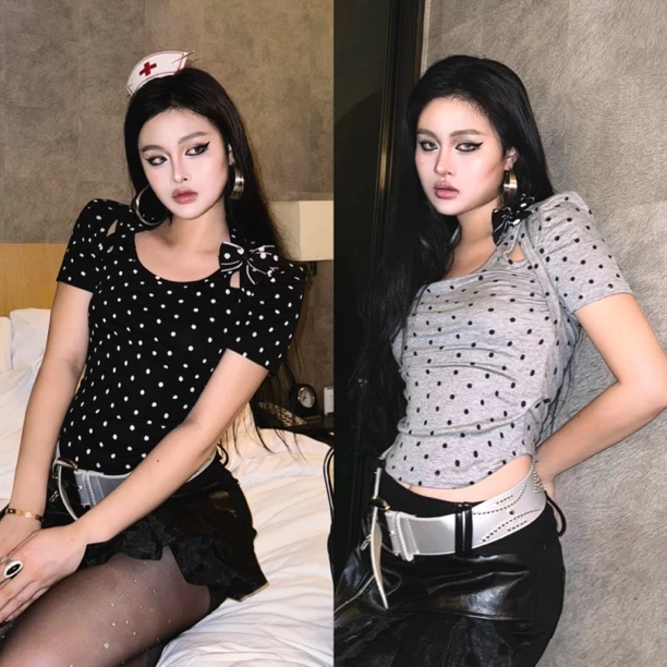 Blackgirl新款【元气少女】夏季款少女风蝴蝶结可爱甜辣甜酷上衣T恤