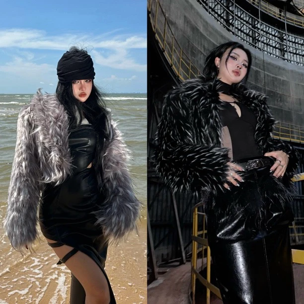 Blackgirl新款【上流社会】发光渐变环保秋冬显瘦设计师草草毛外套