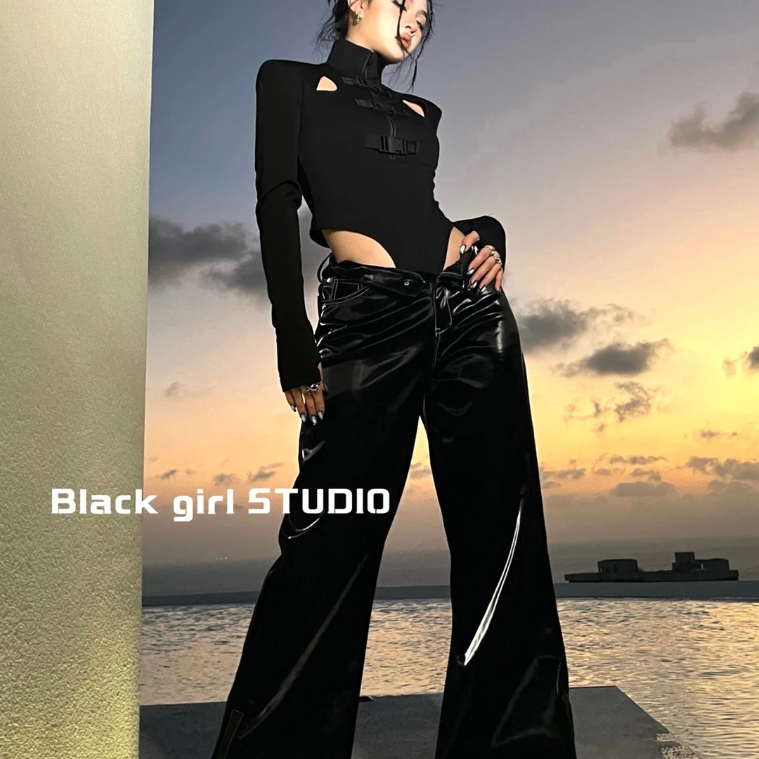 Blackgirl新款【地心引力】小众欧美设计感发光直筒皮裤拽姐阔腿裤