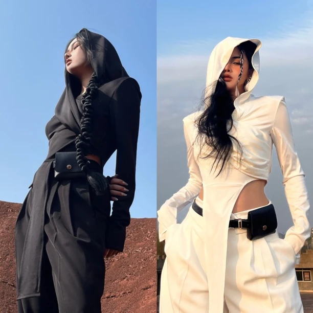 Blackgirl新款【沙丘废土】先锋废土风设计小众显瘦连帽上衣打底衫