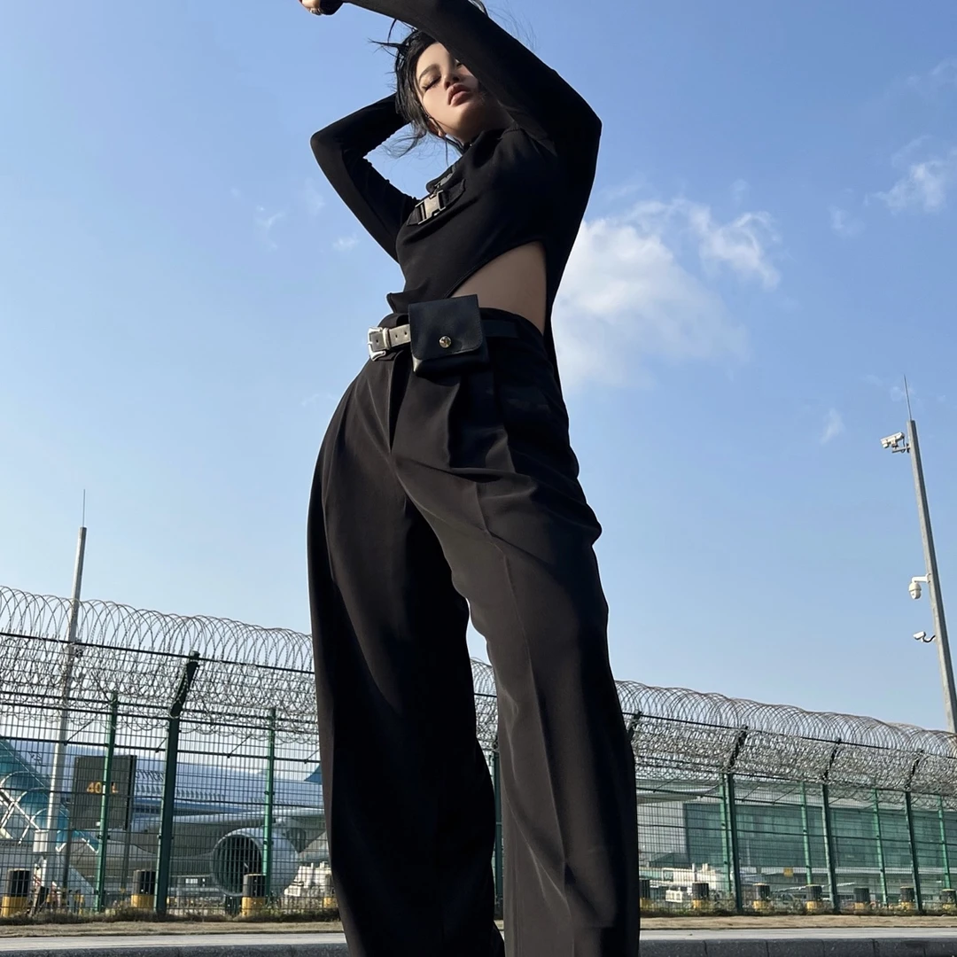 Blackgirl新款【拽姐酷裤】 夏季高级垂感直筒显瘦黑色百搭阔腿裤