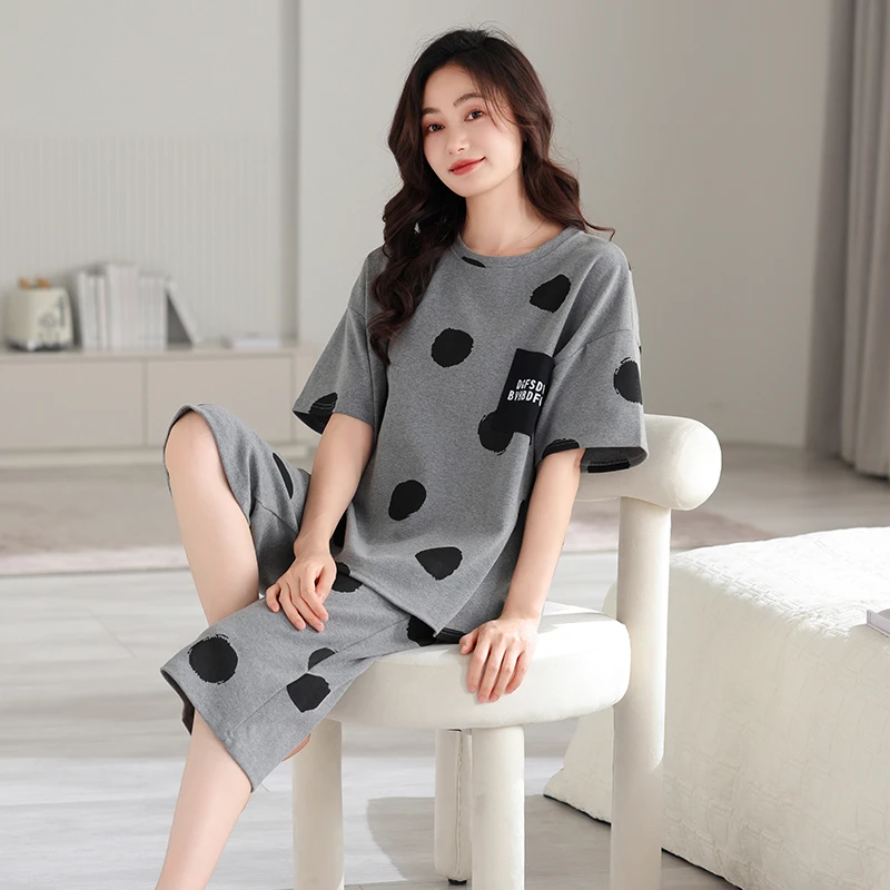 纯棉睡衣女2024夏季薄款短袖七分裤休闲宽松大码家居服套装可外穿