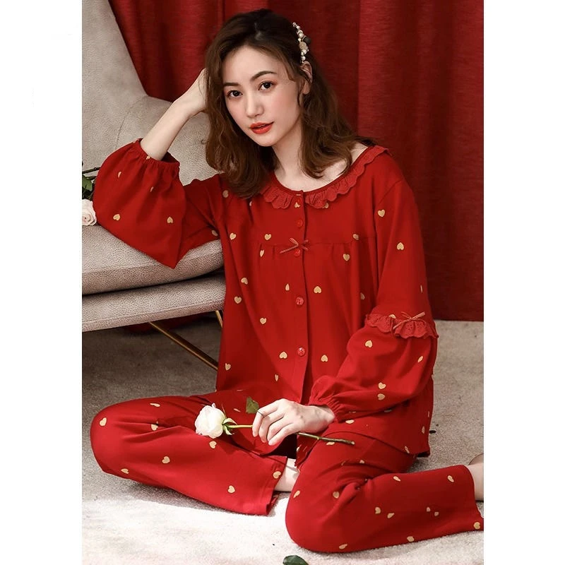 睡衣女春秋季新款纯棉长袖家居服本命年大红色喜庆大码套装可外穿