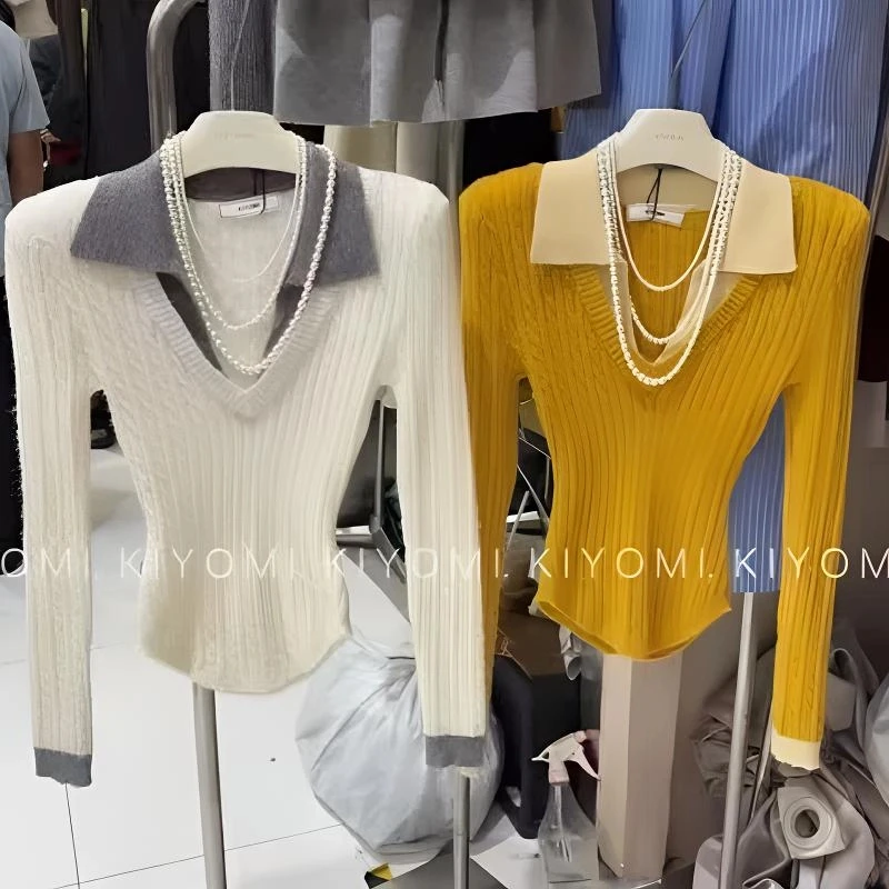 十三行正版假两件撞色针织打底衫女辣妹修身毛衣高腰短款露脐上衣