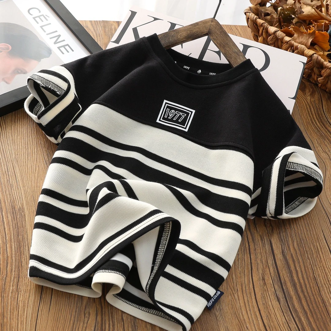 童装男童帅气T恤2024新款儿童洋气条纹衣服中大童半袖拼接上衣潮