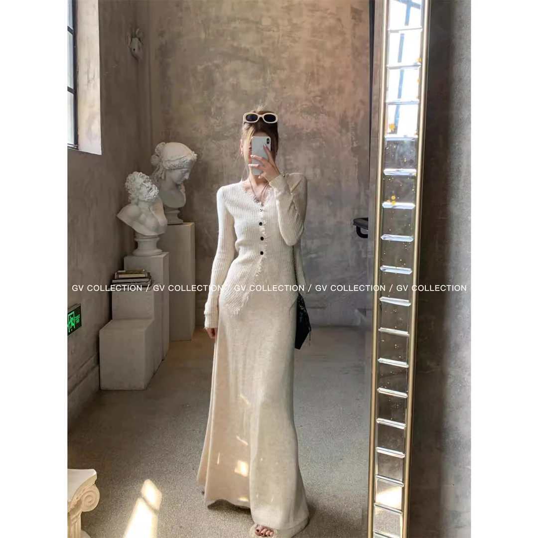仙女入秋一整套睫毛v领长袖针织开衫搭配高腰半身长裙两件套套装