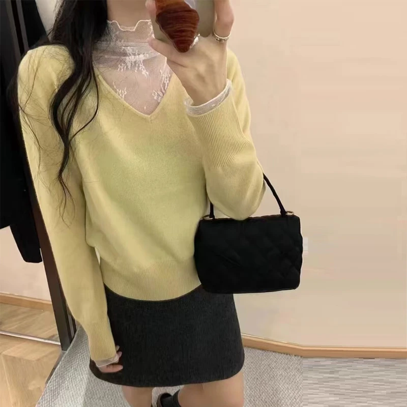 费尔岛红色蕾丝拼接打底衫女2024冬季新款时尚宽松圣诞针织衫女