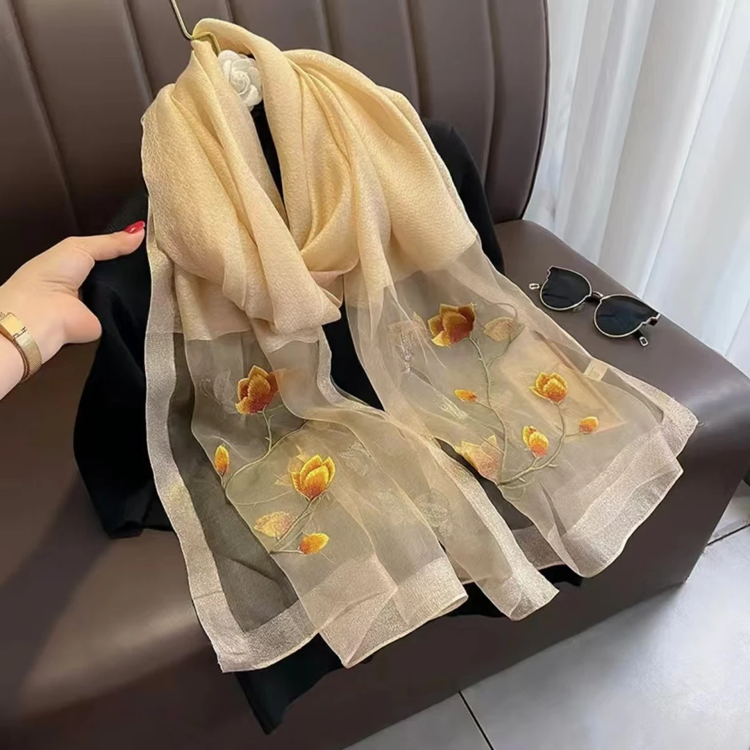 【香槟色玉兰花】手工刺绣百搭保暖御寒真丝羊毛围巾披肩