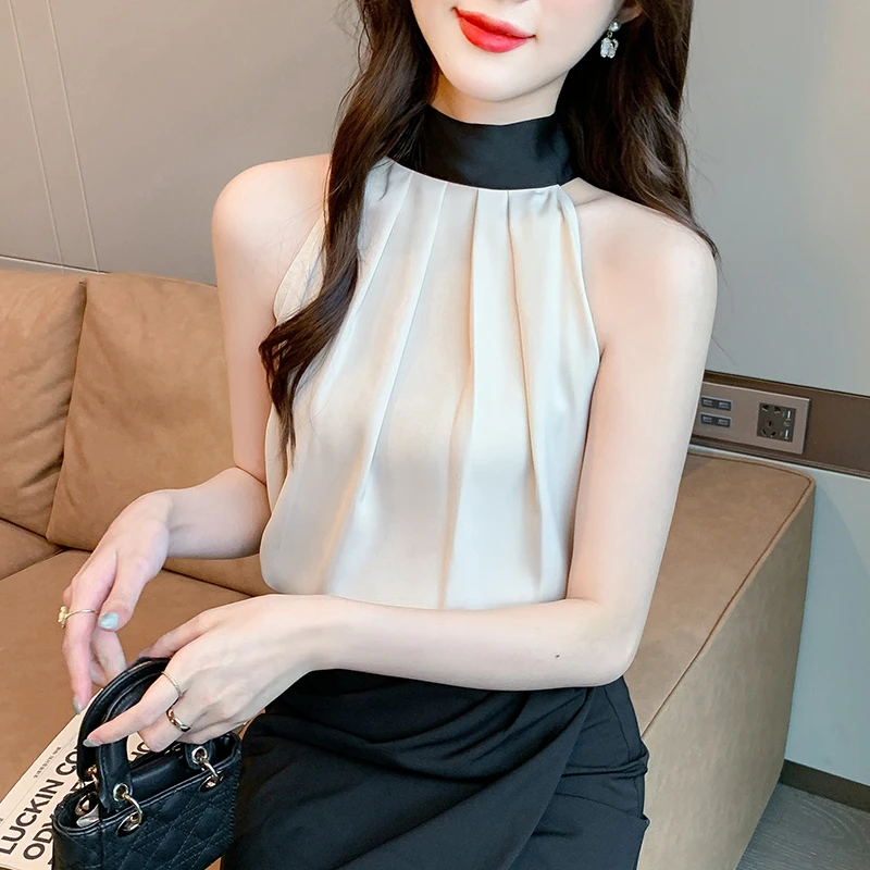 2025夏季新款圆领无袖背心吊带上衣女气质显瘦露肩雪纺小衫高级感