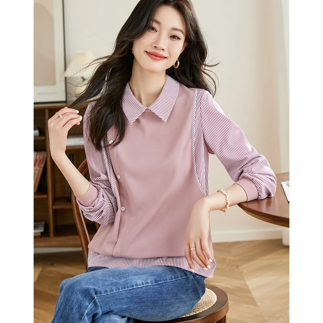 条纹拼接衬衫卫衣女春秋2025新款长袖假两件上衣洋气百搭宽松衬衣
