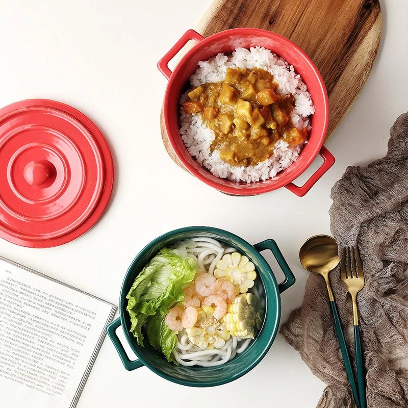 双耳碗泡面碗带盖可微波陶瓷碗带手柄汤碗家用