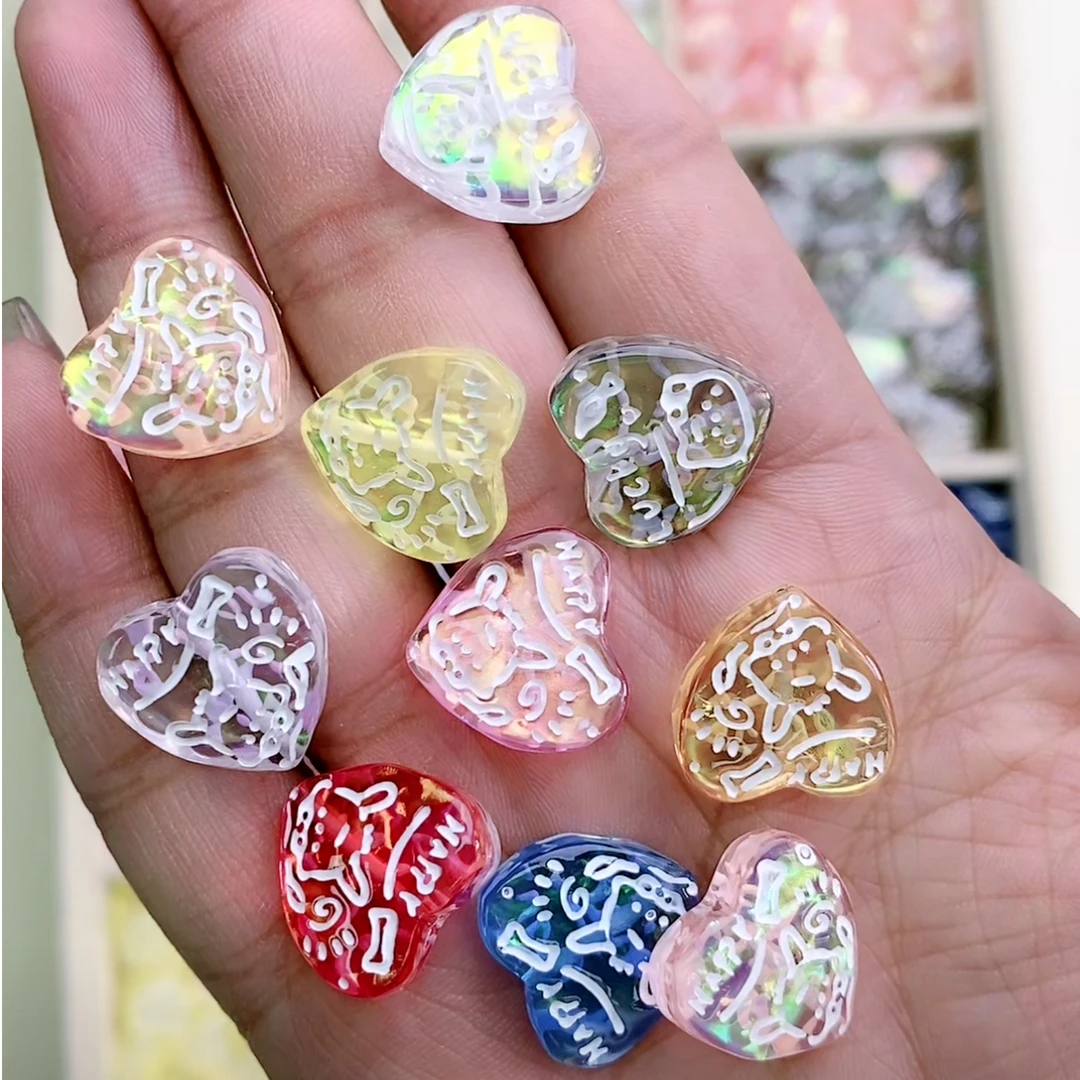 DIY饰品配饰 韩国胶定制珠 帕恰狗&凯蒂猫 双面手绘发光爱心 散珠