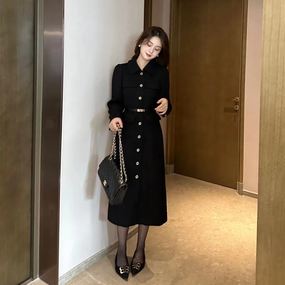 小香风黑色加厚连衣裙秋冬女新款赫本风御姐a字裙法式高级感长裙