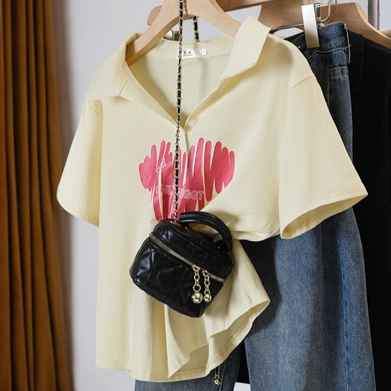 大码胖mm洋气减龄印花心形正肩T恤女夏季新款设计感宽松显瘦上衣