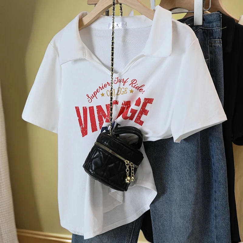 大码胖mm洋气减龄POLO领正肩T恤女夏新款设计感宽松显瘦印花上衣