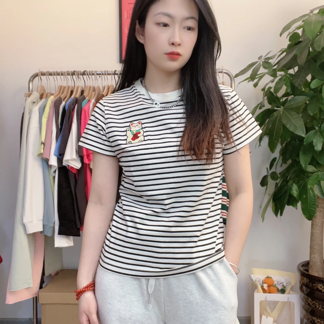纸袋家7109夏季新款纯棉刺绣猫简单款圆领修身显瘦正肩短袖T恤女