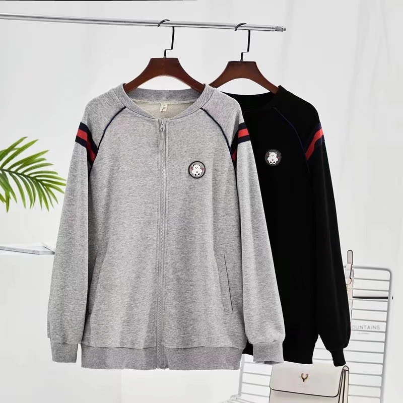 YC077简约贴标休闲百搭开衫大码女装秋季长袖时尚韩版卫衣外套